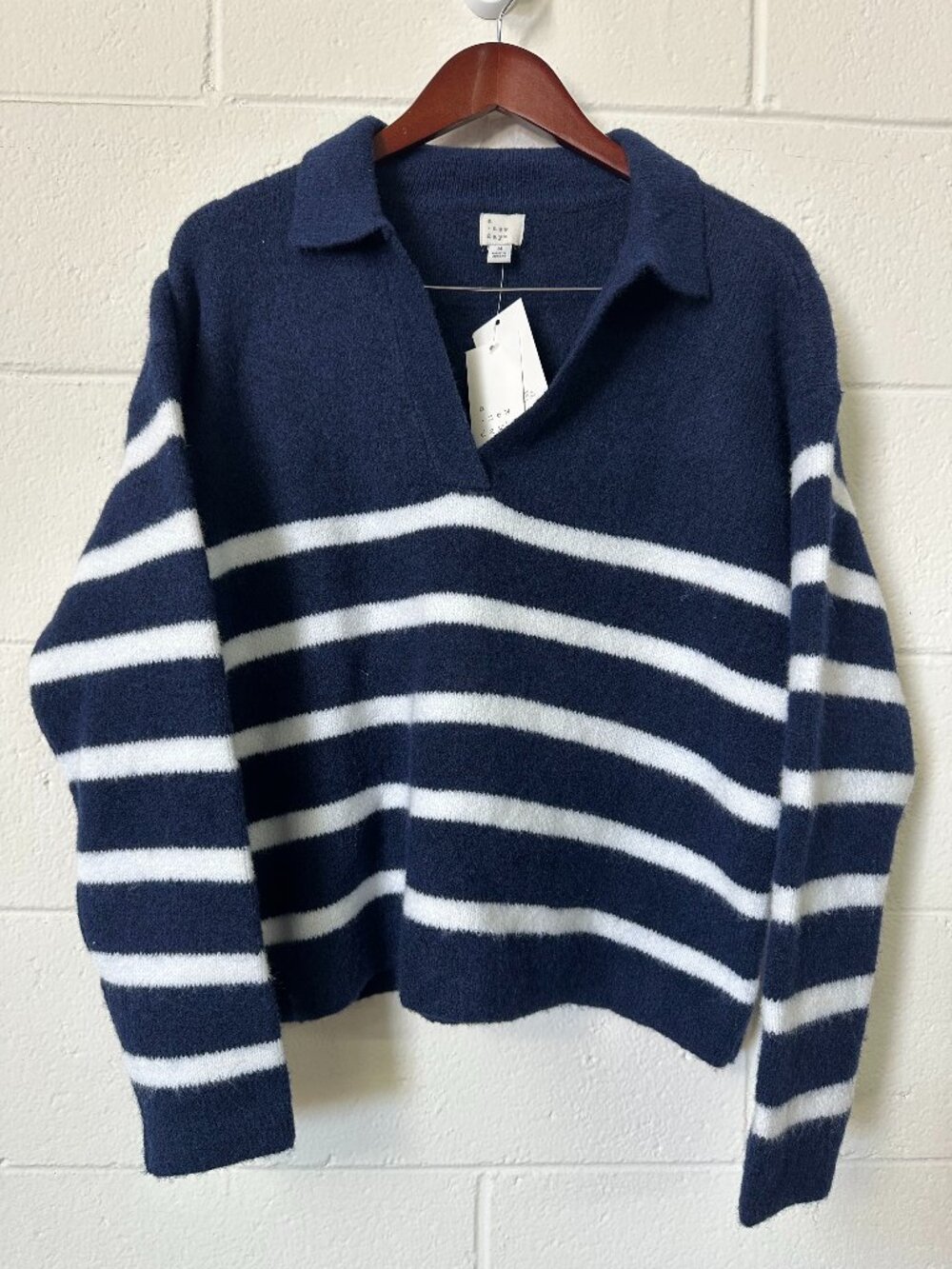 NWT A New Day Blue/White Striped Long Sleeve Polo Sweater